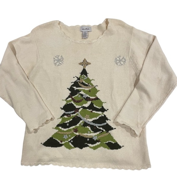 Vintage cream Christmas tree Grannycore coastal grandma scallop neck sweater 🎄 - Picture 1 of 8